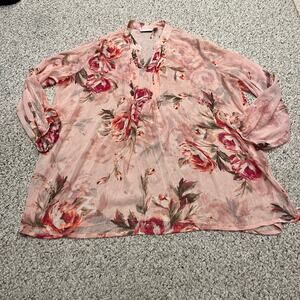 Susan Graver Sheer Floral Popover Blouse Sz 2X Feminine Casual Cottagecore
